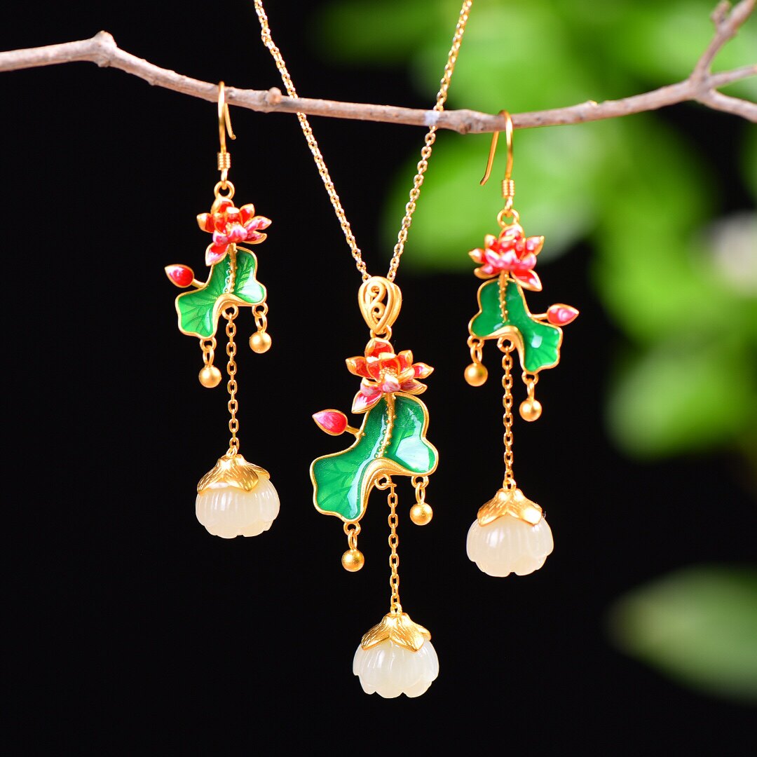 S925银镀18K金镶和田白玉花朵汉服配饰复古套装吊坠项链耳坠一套