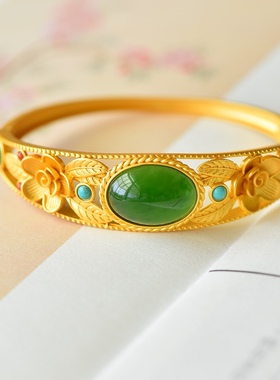 S925银镀18K金镶新疆和田玉碧玉蛋面宫廷复古汉服配饰手镯女士镯