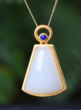 S925银镀18K金镶和田白玉梯形珐琅宫廷复古吊坠汉服配饰玉坠项链