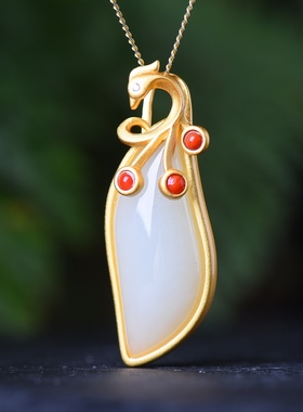 S925银镀18K金镶和田白玉柳叶珐琅宫廷复古吊坠汉服配饰玉坠项链