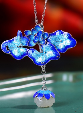 S925银镀18K金镶和田玉莲花胸针珐琅复古女吊坠汉服配饰玉坠项链