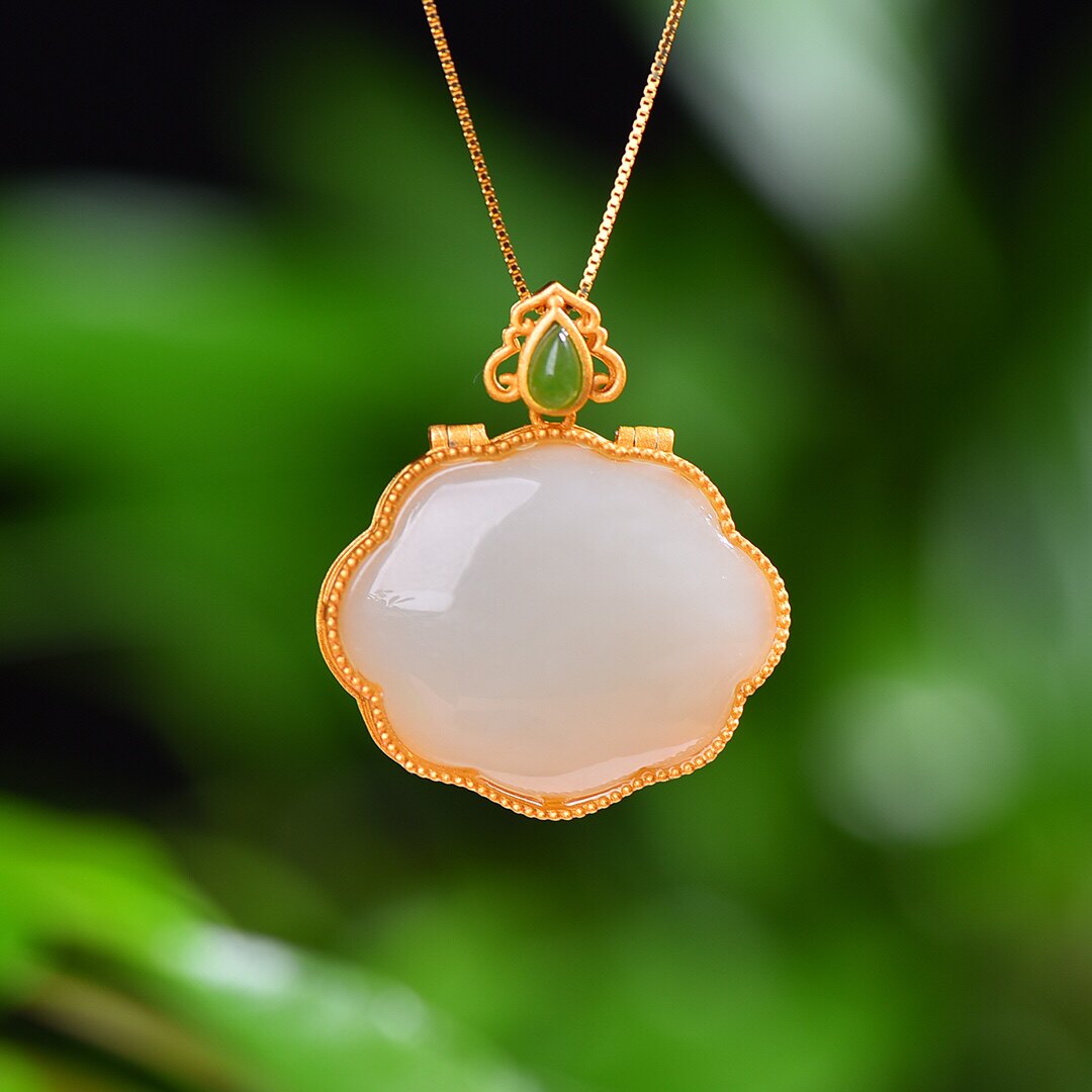 S925银镀18K金镶和田白玉如意锁珐琅女复古吊坠汉服配饰玉坠项链