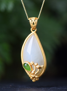 S925银镀18K金镶和田白玉柳叶珐琅宫廷复古吊坠汉服配饰玉坠项链