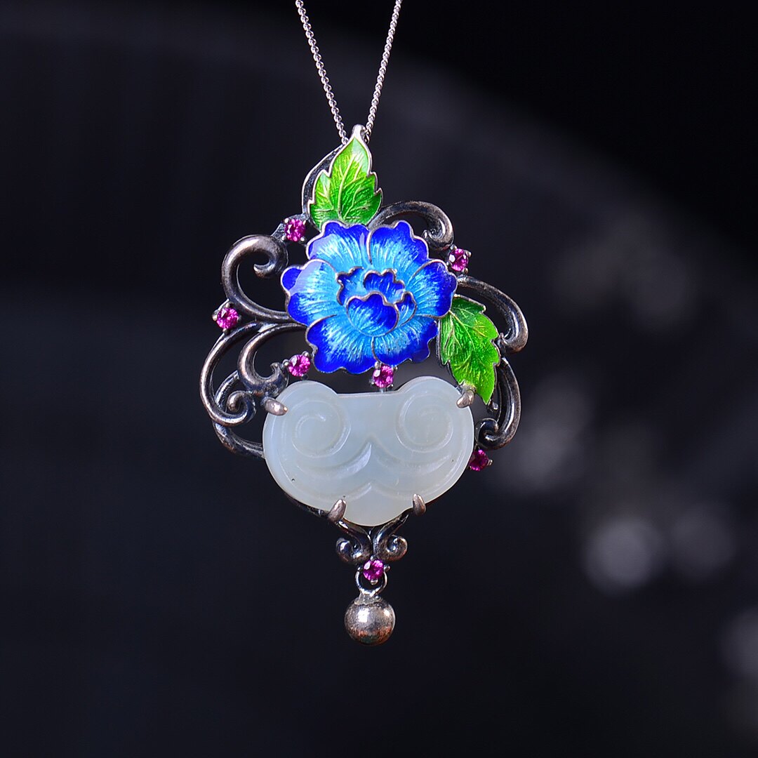 S925银镀18K金镶和田玉如意锁珐琅宫廷复古吊坠汉服配饰玉坠项链