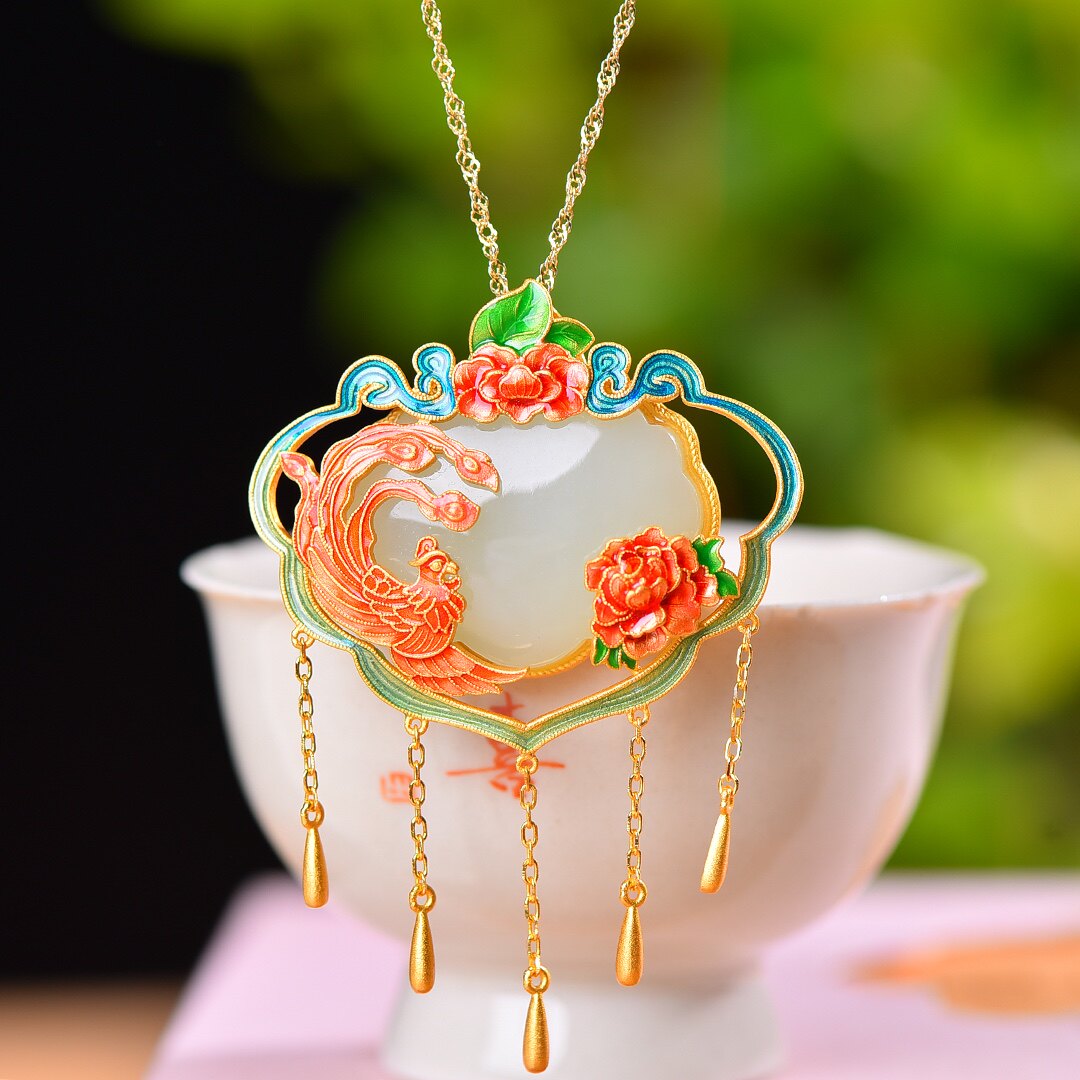 S925银镀18K金镶和田玉白玉如意锁宫廷复古吊坠汉服配饰玉坠项链