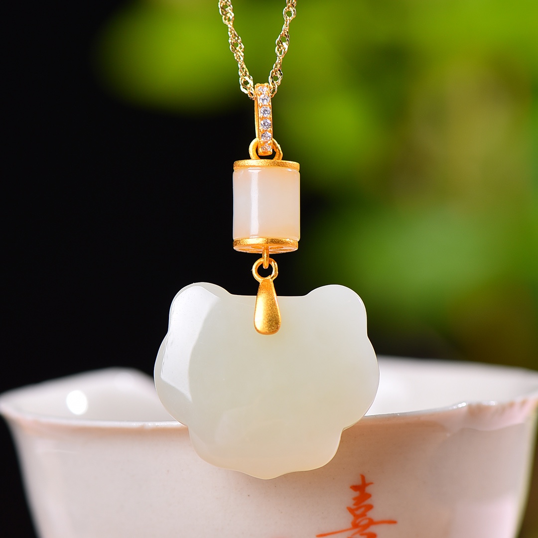 S925银镀18K金镶和田玉白玉如意锁宫廷复古吊坠汉服配饰玉坠项链
