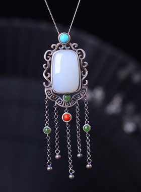 S925银镀18K金镶和田白玉梯形珐琅宫廷复古吊坠汉服配饰玉坠项链