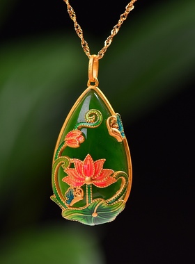 S925银镀18K金镶和田碧玉水滴珐琅宫廷复古吊坠汉服配饰玉坠项链