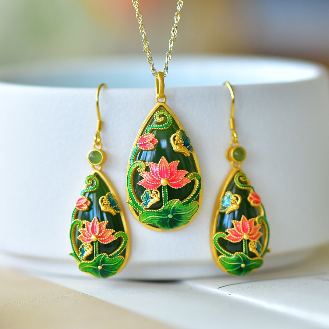 S925银镀18K金 镶和田碧玉水滴莲花汉服配饰复古套装吊坠项链耳坠