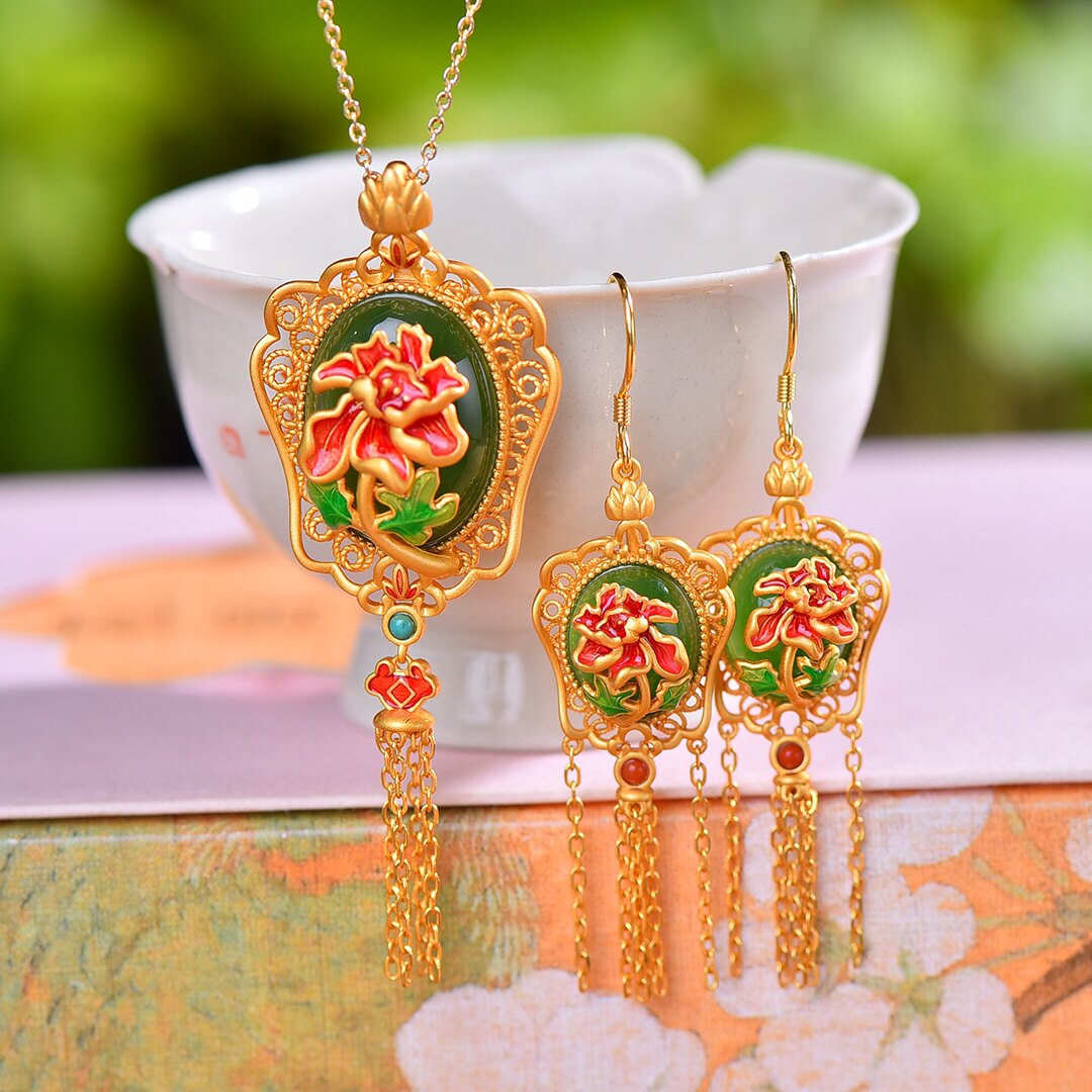 S925银镀18K金镶和田碧玉蛋面汉服配饰复古套装吊坠项链耳坠一套