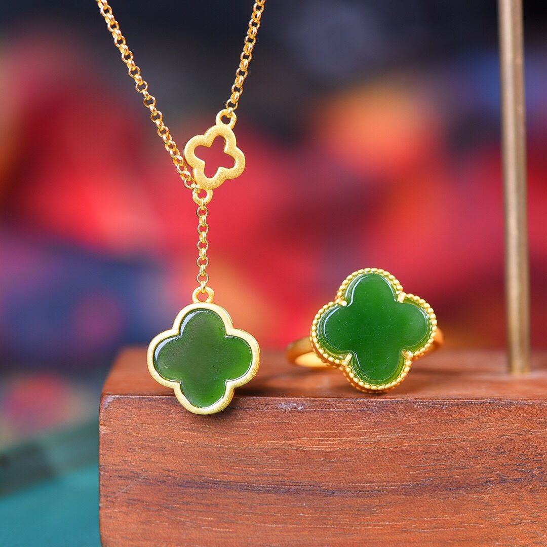 S925银镀18K金镶和田玉碧玉四叶草汉服配饰复古套装吊坠项链戒指