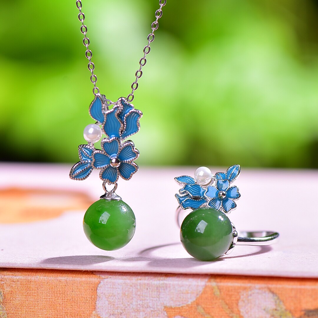 S925银镀18K金镶和田碧玉10厘珠汉服配饰复古套装女吊坠项链戒指