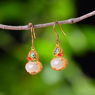 S925银镀18K金镶新疆和田白玉葫芦宫廷复古耳钉耳坠耳线耳饰礼品