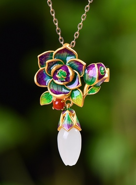 S925银镀18K金镶和田玉白玉玉兰花胸针复古吊坠汉服配饰玉坠项链