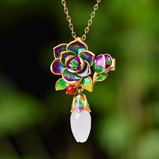 S925银镀18K金镶和田玉白玉玉兰花胸针复古吊坠汉服配饰玉坠项链