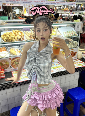 NANA代购【mangata】辣妹性感领带格子衬衫背心上衣