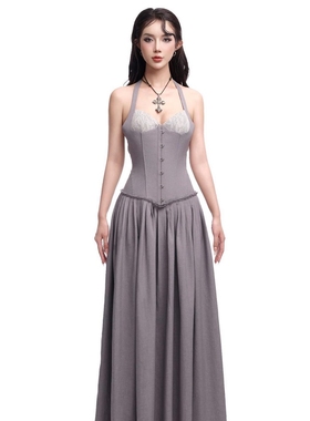 NANA代购【bmoody 】灰色挂脖蕾丝拼接吊带鱼骨收腰显瘦大摆长裙