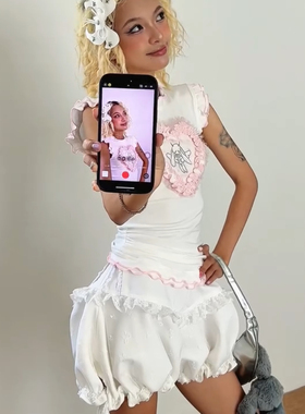 NANA代购【mangata】甜酷少小花边袖子短款上衣蓬蓬花苞短裤