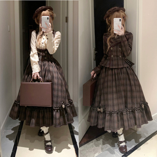 原创夹心巧克力托胸lolita套装秋冬复古收腰长裙甜蜜梦境lolita