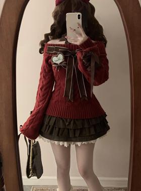 古早一字肩毛衣套装薄巧安哥拉红粉色蝴蝶结秋冬甜蜜梦境