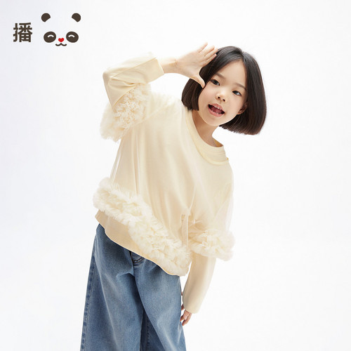 播 broadcute童装女童T恤长袖薄雾花园纯色网纱拼接甜美上衣春秋