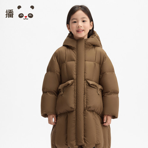 白鸭绒大口袋装饰拉链连帽羽绒服
