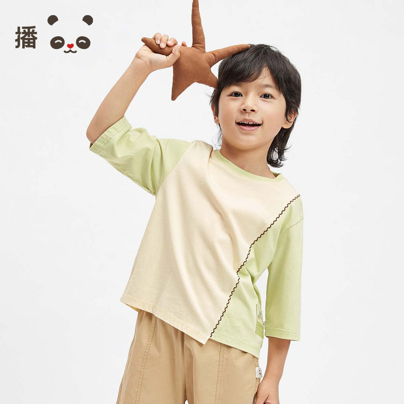 播broadcute童装儿童T恤男女童纯棉拼接撞色不规则短袖半袖夏季图片