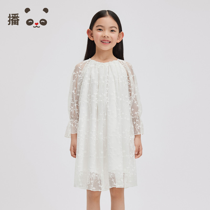 播broadcute童装女童连衣裙蕾丝花边公主裙子白色长袖春夏季