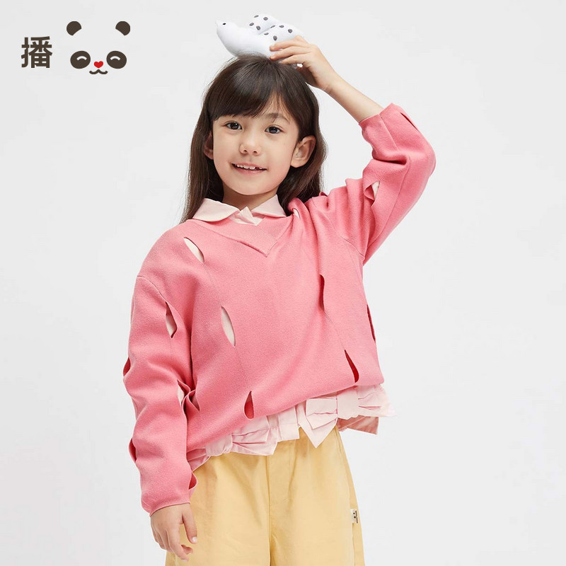 播broadcute童装儿童毛衣V领女童粉色长袖百搭针织衫外穿秋冬图片
