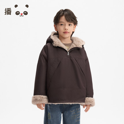 播 broadcute童装深棕毛绒拼接连帽半拉链保暖休闲外套KES4WD0597
