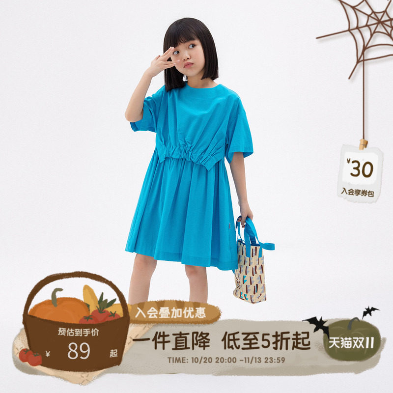 播broadcute童装精灵谷女童连衣裙日系洋气可爱纯色假两件裙夏季