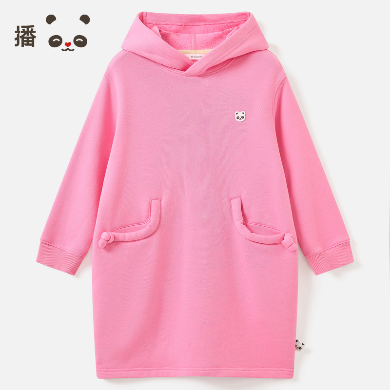 播 broadcute童装女童连帽卫衣裙加厚保暖粉色宽松休闲连衣裙秋冬