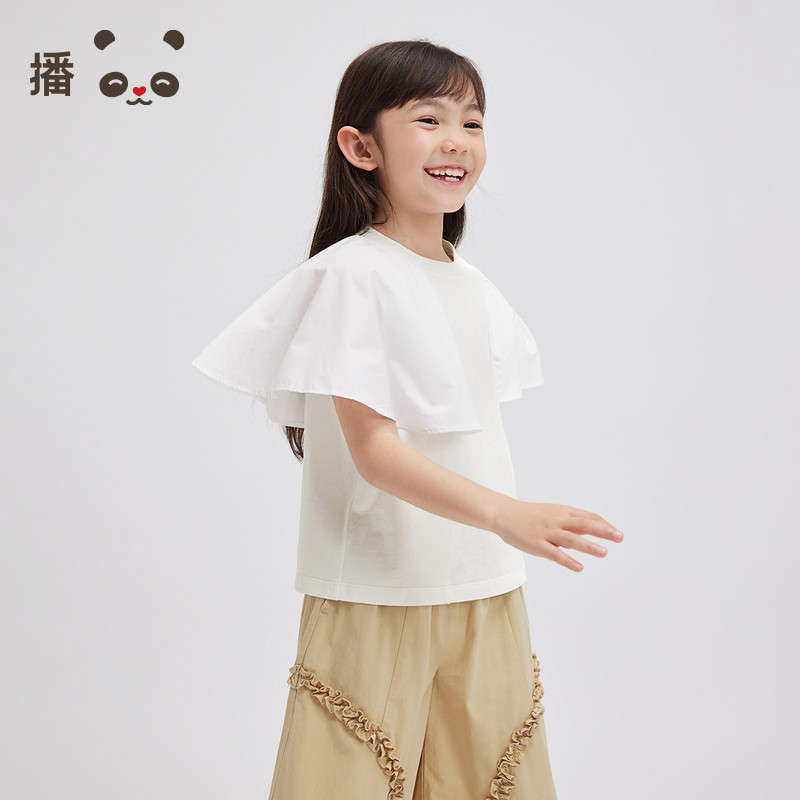 播broadcute童装女童衬衫白色纯棉短袖荷叶边袖子T恤上衣夏季图片