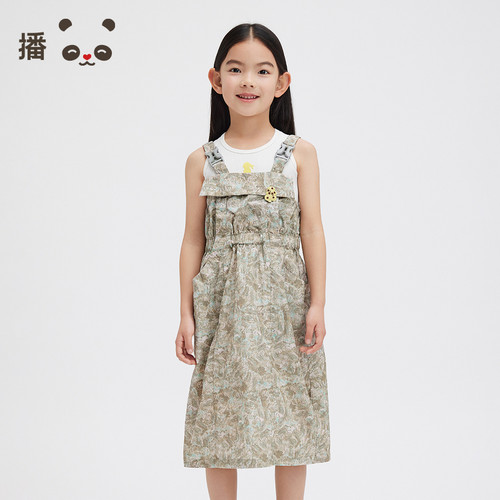 播broadcute童装女童连衣裙印花设计背带裙中长款裙子夏季