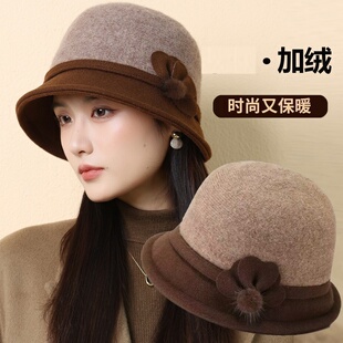 新款中老年帽子女秋冬天妈妈奶奶加绒保暖羊毛呢盆帽洋气时尚百搭