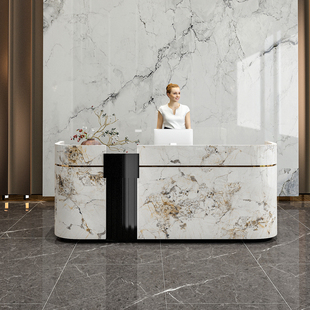 仿大理石纹公司前台接待台弧形前台柜吧台迎宾台烤漆收银台定制