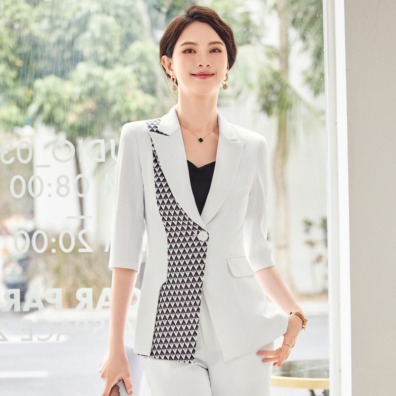 撞色拼接西服套装女夏季御姐范修身职业西服阔腿裤通勤正装两件套