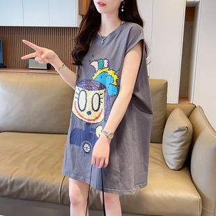 新款 纯棉无袖 300斤上衣时尚 T恤女背心连衣裙大码 洋气百搭ins 女装