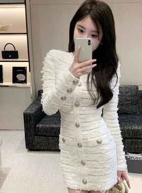 LDTJ高定 24早秋新重工名媛气质小香风银扣性感百搭针织连衣裙女