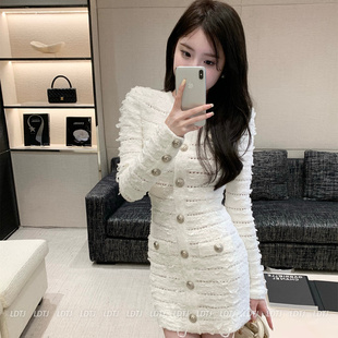 LDTJ高定 24早秋新重工名媛气质小香风银扣性感百搭针织连衣裙女