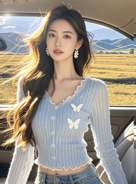 慵懒风2025早秋季穿搭设计感小众高级感蓝色蕾丝针织开衫毛衣女装