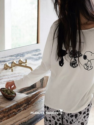 贝妍史努比卡通睡衣女春秋季长袖宽松圆领莫代尔棉家居服柔软套装