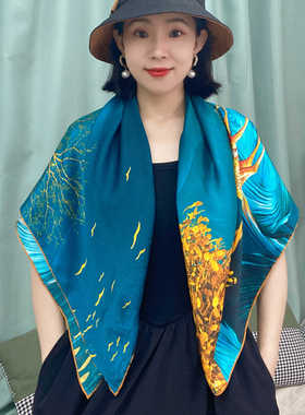 上海故事桑蚕丝106cm林中麋鹿真丝丝巾蓝色丝绸大方巾送妈妈礼物
