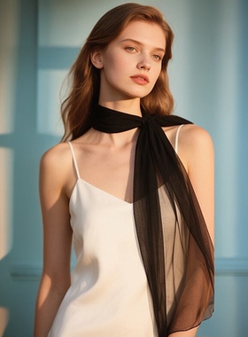 上海故事桑蚕丝真丝丝巾纯色围巾黑色长款春秋纱巾时尚百搭礼袋装