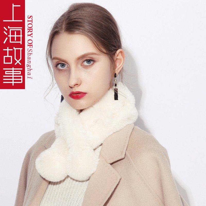 上海故事冬季2025新款女仿濑兔毛围脖保暖护颈毛毛交叉短款厚围巾