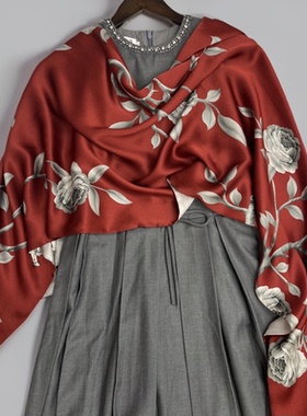 上海故事双层桑蚕丝175cm*53cm真丝国风牡丹红色丝巾礼盒装礼物