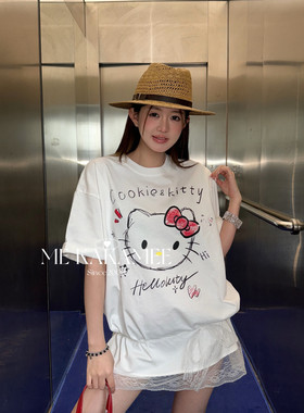 ME KAKAMEE春新品设计素描KT拼接蕾丝花边宽松大版短袖T恤 S3921