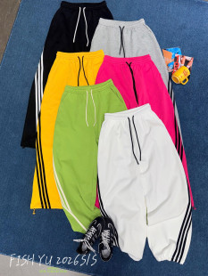 多巴胺色系撞色杠条拼接宽腿休闲卫裤 美式 女26099 韩版 YU早春新款