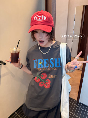 FISH YU美式休闲番茄印花立体彩色木标宽松大版圆领短袖T恤626222