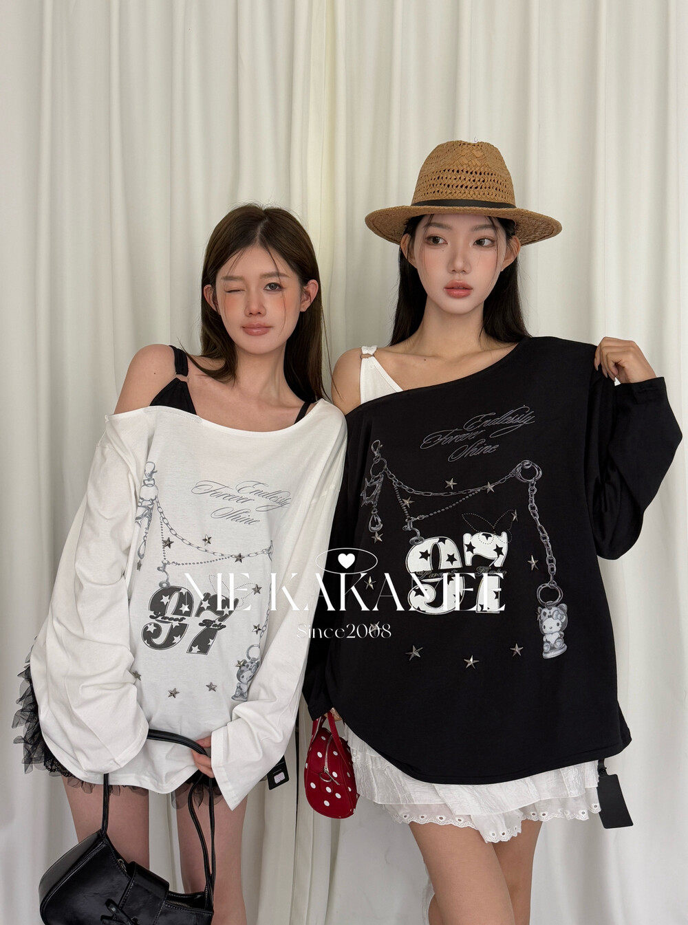 ME KAKAMEE甜酷立体星星铆钉假两件不规则拼接斜肩长袖T恤S3922